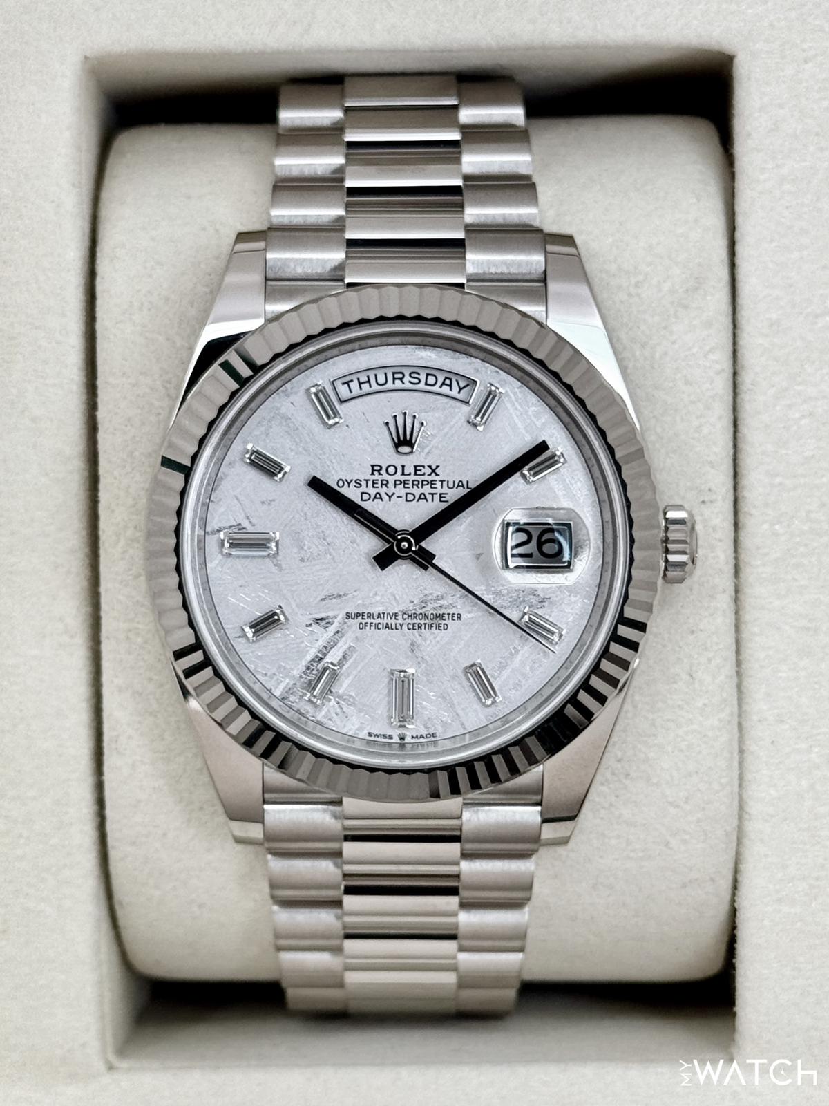 NEW 2026 Rolex Day-Date 40mm 228239 Presidential White Gold Meteorite Diamond Dial
