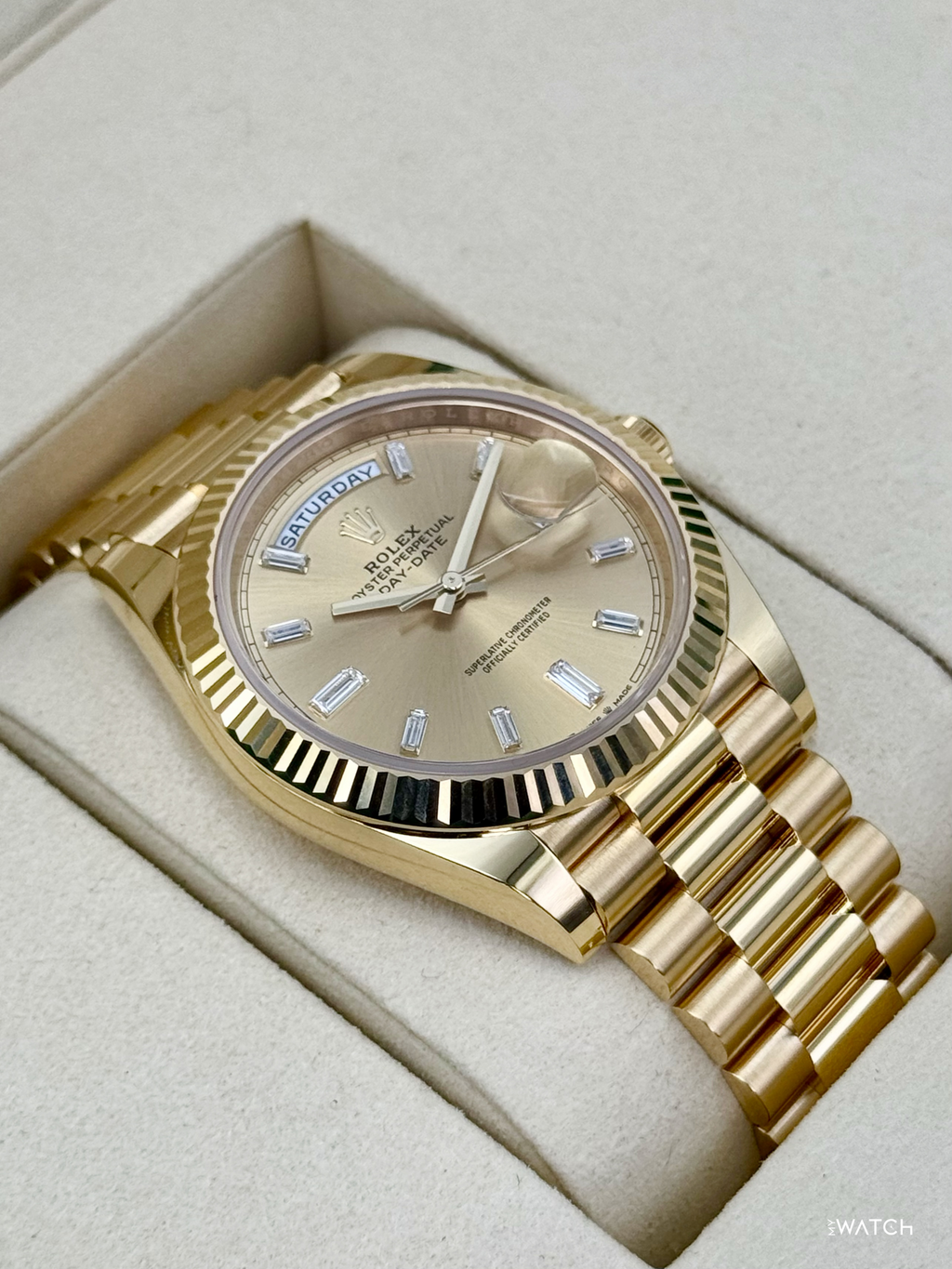 NEW 2026 Rolex Day-Date 40mm 228238 Champagne Diamond Baguette Dial