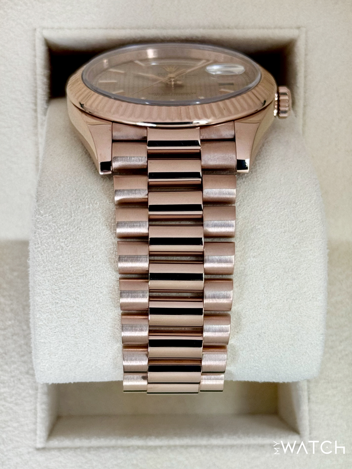 2018 Rolex Day-Date 40mm 228235 Presidential Rose Gold Sundust Stripe Motif Dial