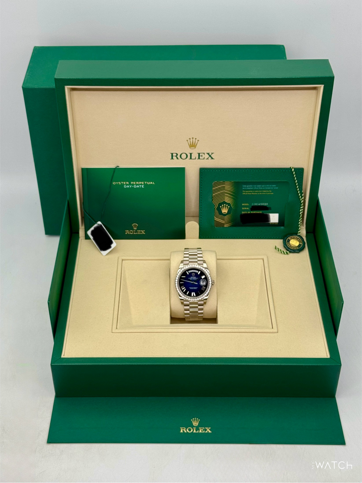 2025 Rolex Day-Date 40mm 228349RBR Presidential White Gold Blue Ombre Dial