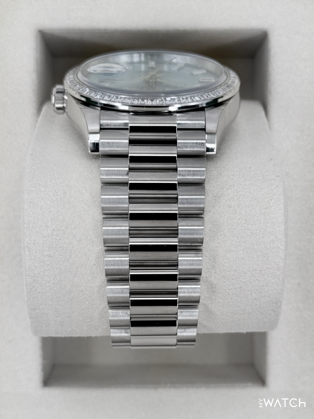NEW Rolex Day-Date 36mm 128396TBR Ice Blue Diamond Baguette Dial