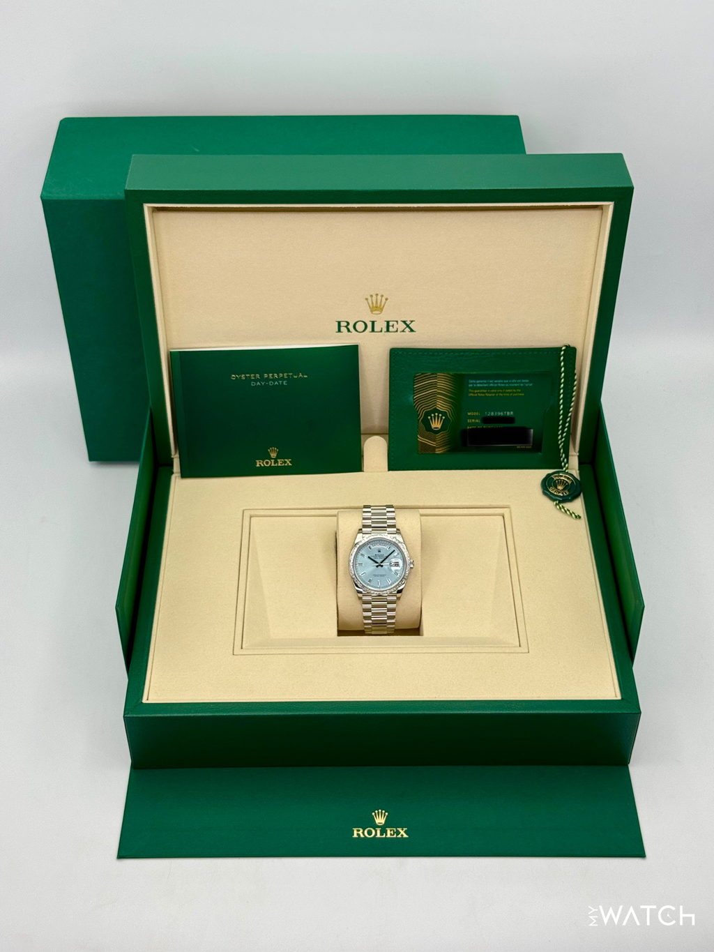 NEW Rolex Day-Date 36mm 128396TBR Ice Blue Diamond Baguette Dial