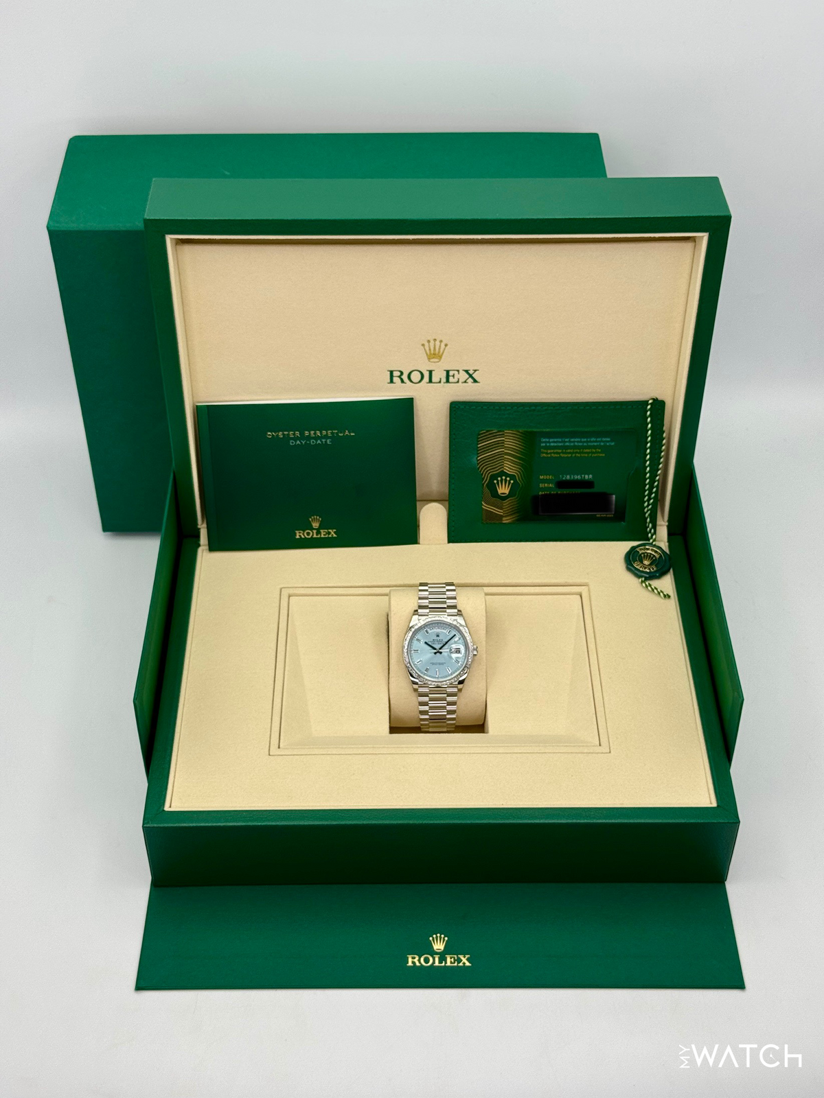 NEW Rolex Day-Date 36mm 128396TBR Ice Blue Diamond Baguette Dial