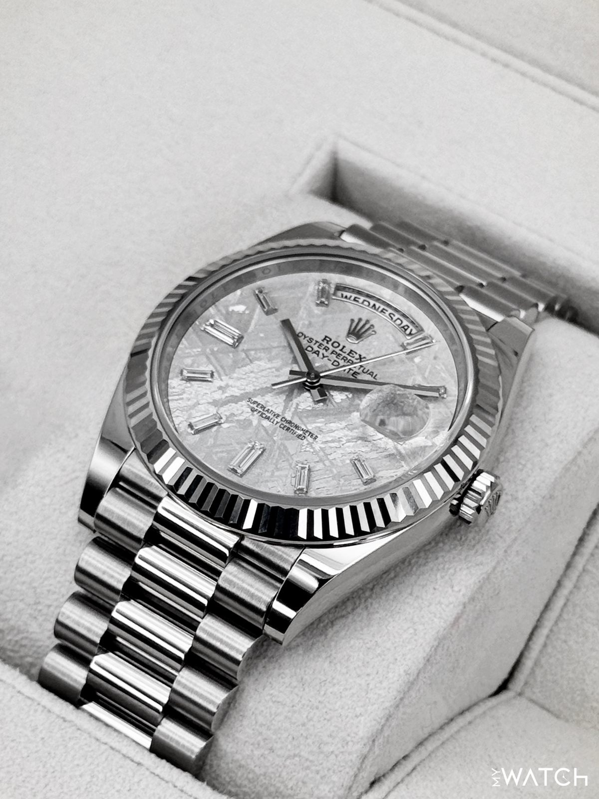 2025 Rolex Day-Date 40mm 228239 Presidential White Gold Meteorite Diamond Dial