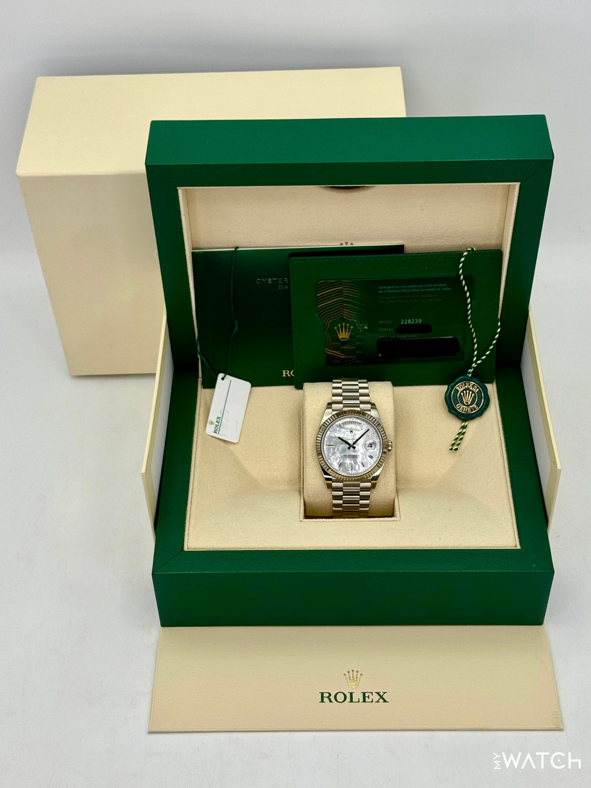 2024 Rolex Day-Date 40mm 228239 White Gold Mother of Pearl Diamond Dial