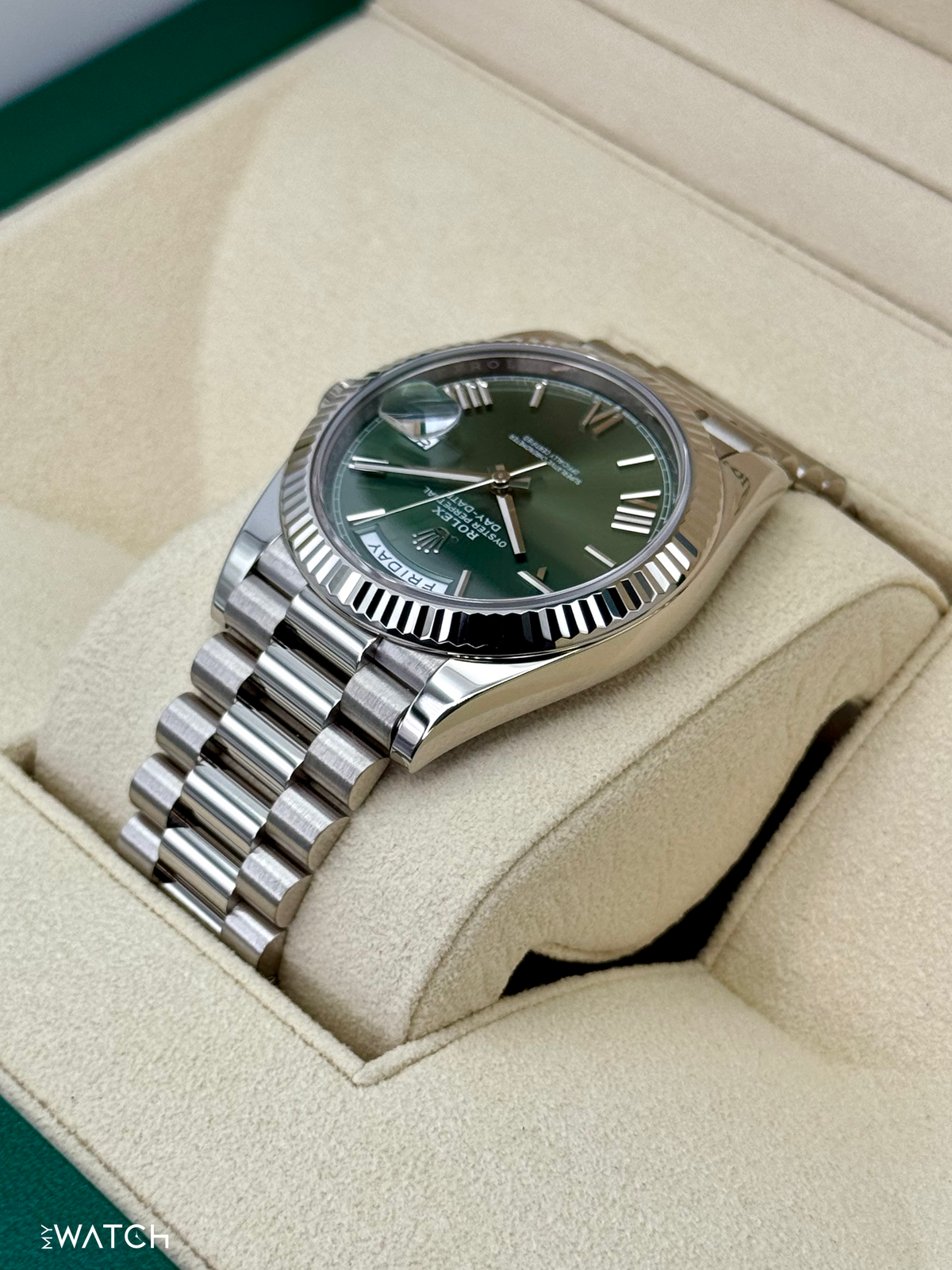 2021 Rolex Day-Date 40mm 228239 White Gold Olive Dial