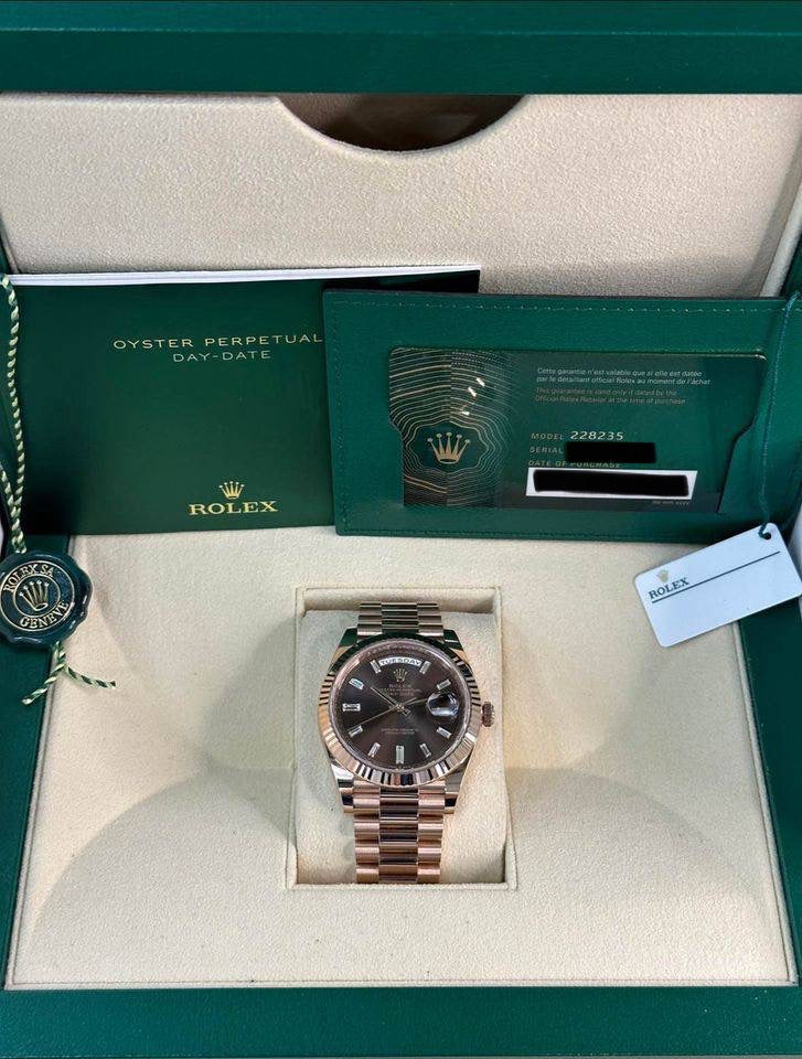 NEW 2025 Rolex Day-Date 40mm 228235 Rose Gold Chocolate Baguette Dial