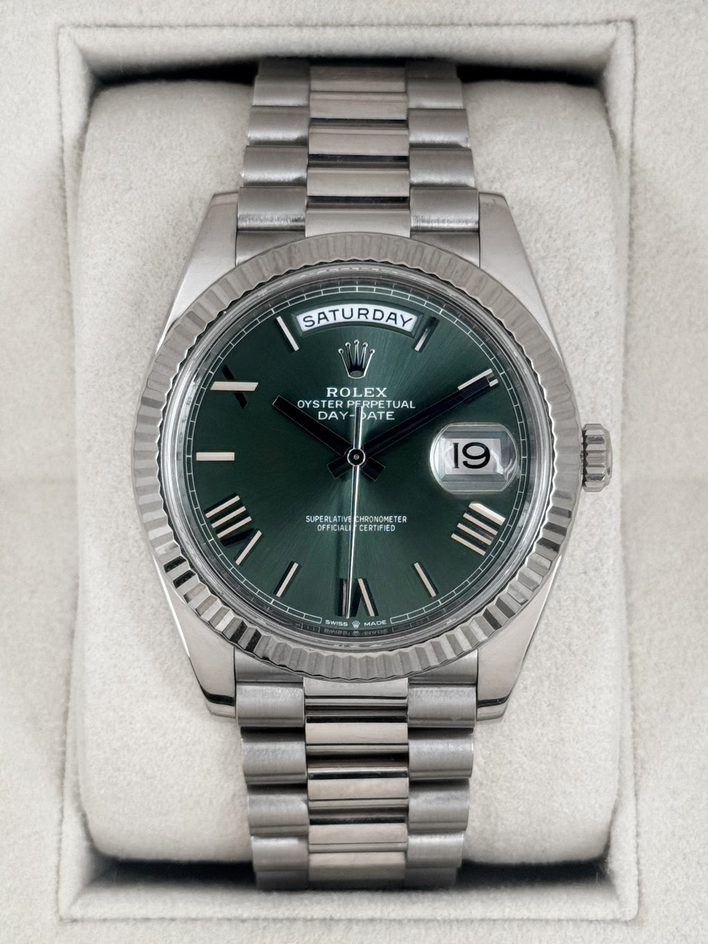 2020 Rolex Day-Date 40mm 228239 Presidential White Gold Olive Green Dial