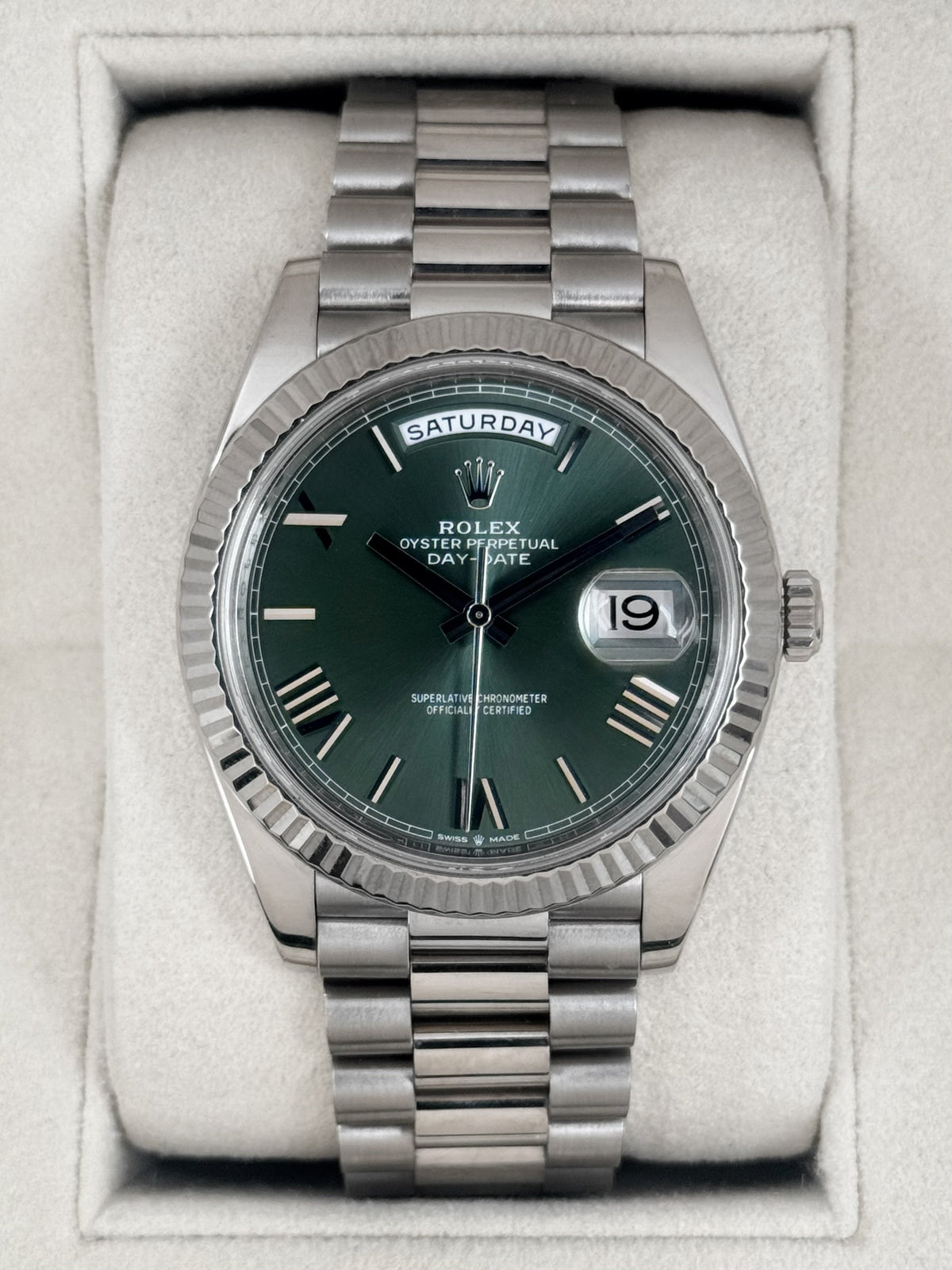 2020 Rolex Day-Date 40mm 228239 Presidential White Gold Olive Green Dial