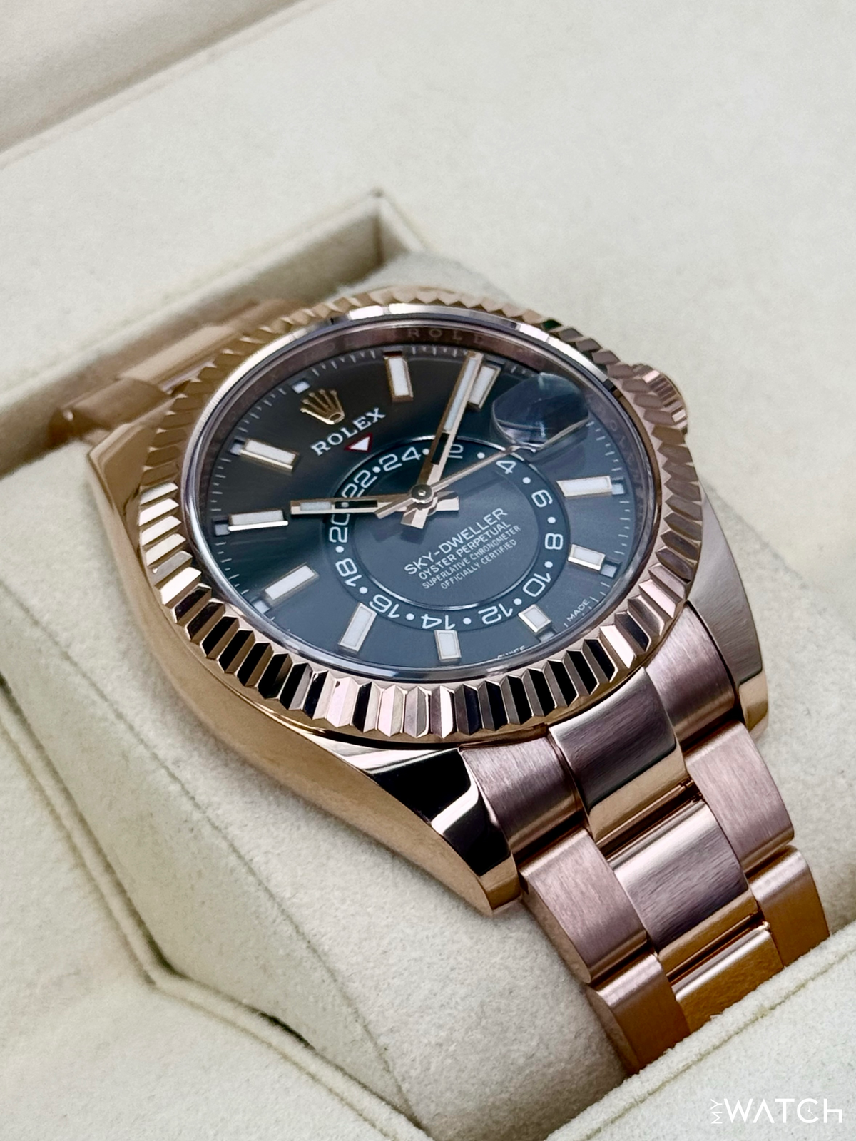 2019 Rolex Sky-Dweller 42mm 326935 Rose Gold Oyster Rhodium Dial