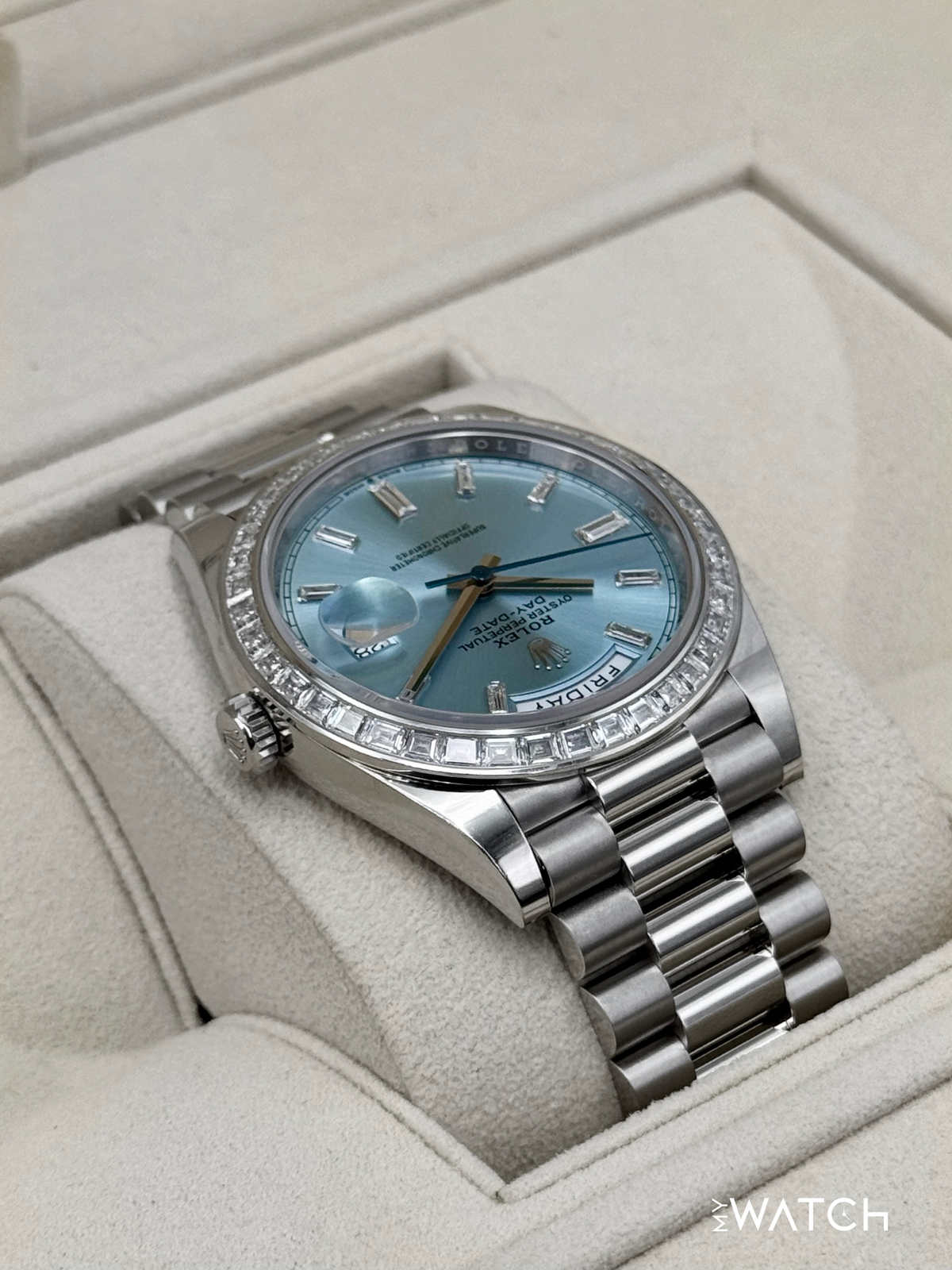 2023 Rolex Day-Date 40mm 228396TBR Ice Blue Diamond Baguette Dial