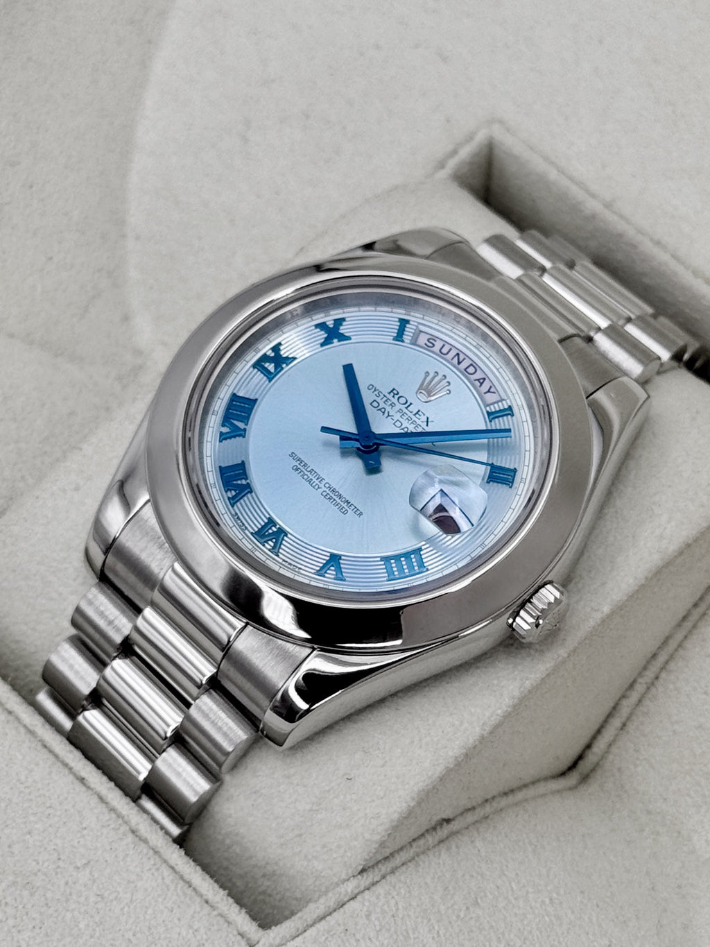 2014 Rolex Day-Date II 41mm 218206 Platinum Ice Blue Roman Numeral Dial