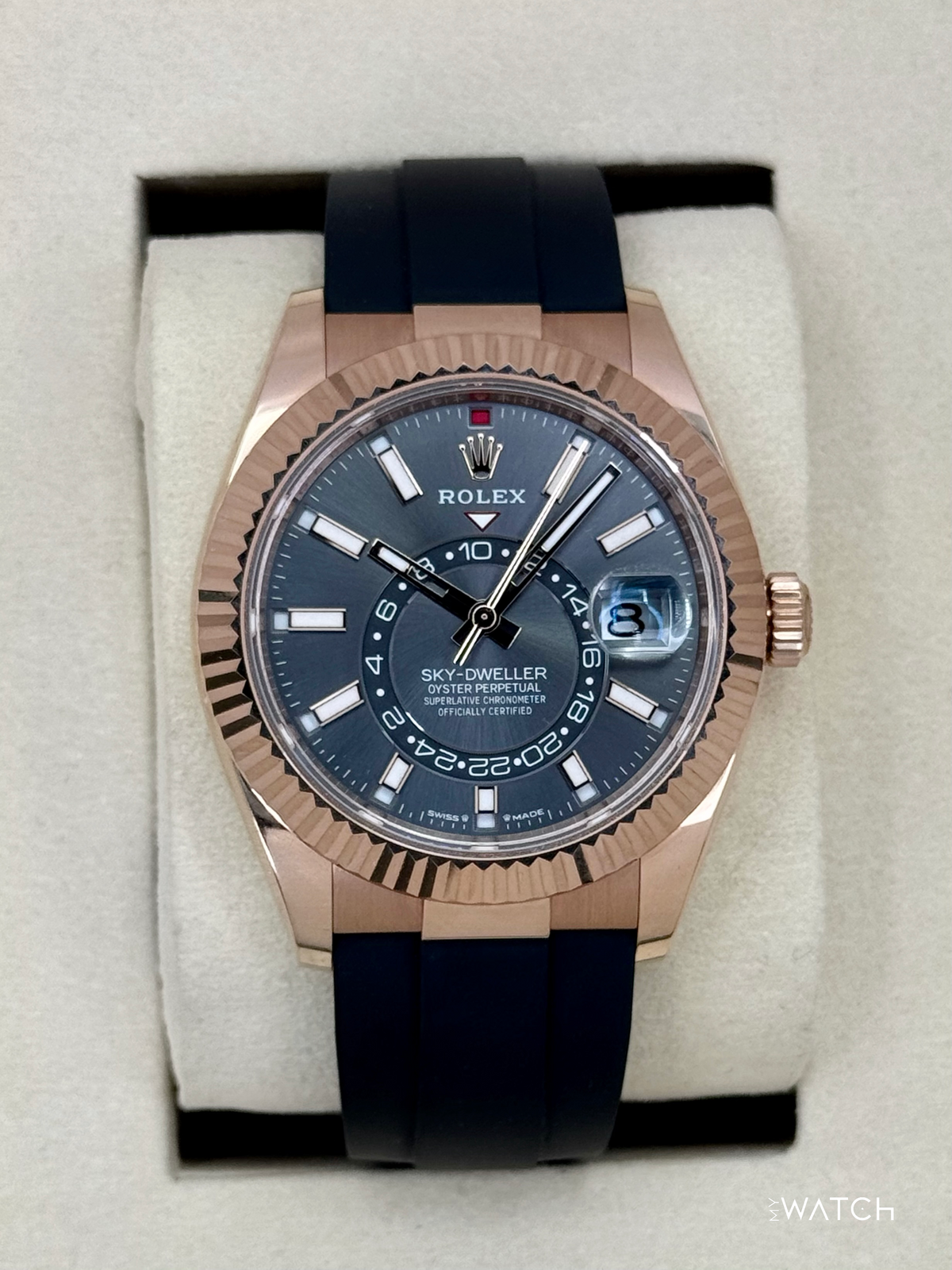 2025 Rolex Sky-Dweller 336235 Rose Gold Oysterflex Rhodium Dial