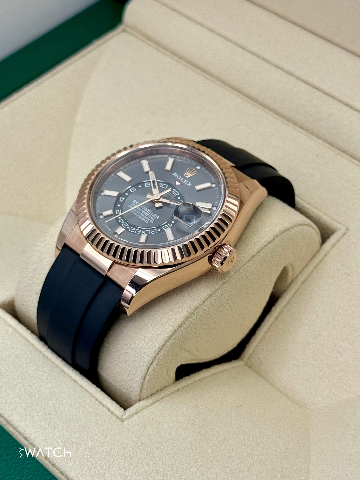 2021 Rolex Sky-Dweller 42mm 326235 Rose Gold Oysterflex Rhodium Dial