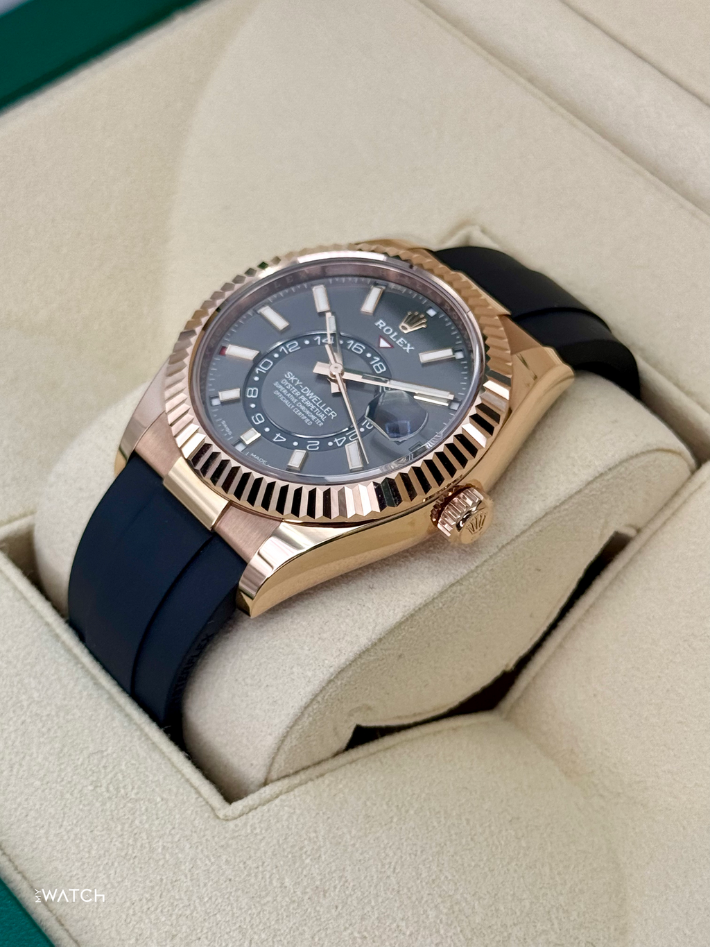 2022 Rolex Sky-Dweller 42mm 326235 Rose Gold Oysterflex Rhodium Dial
