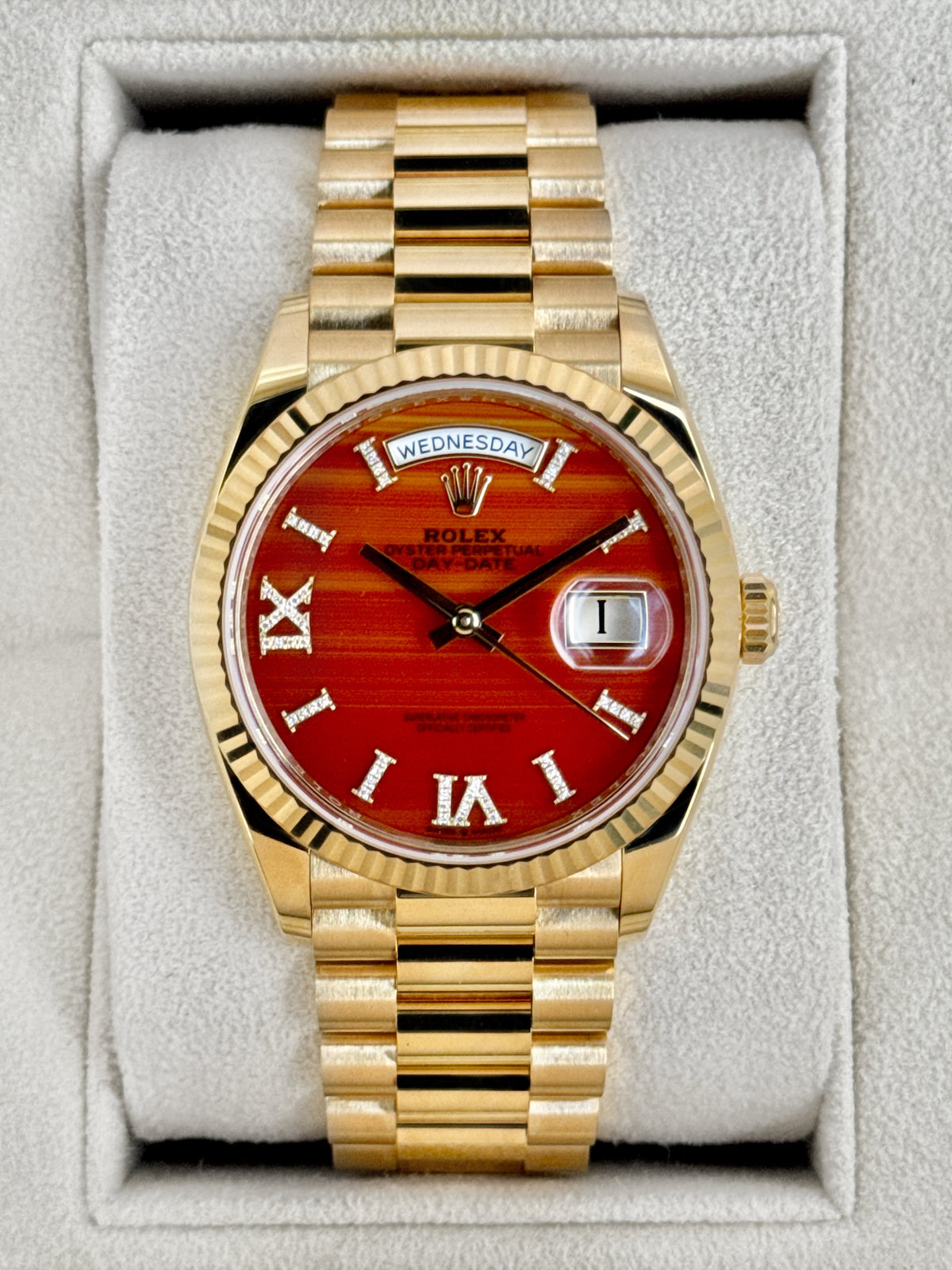 Rolex Day-Date 36mm 128238 Presidential Carnelian Diamond Dial