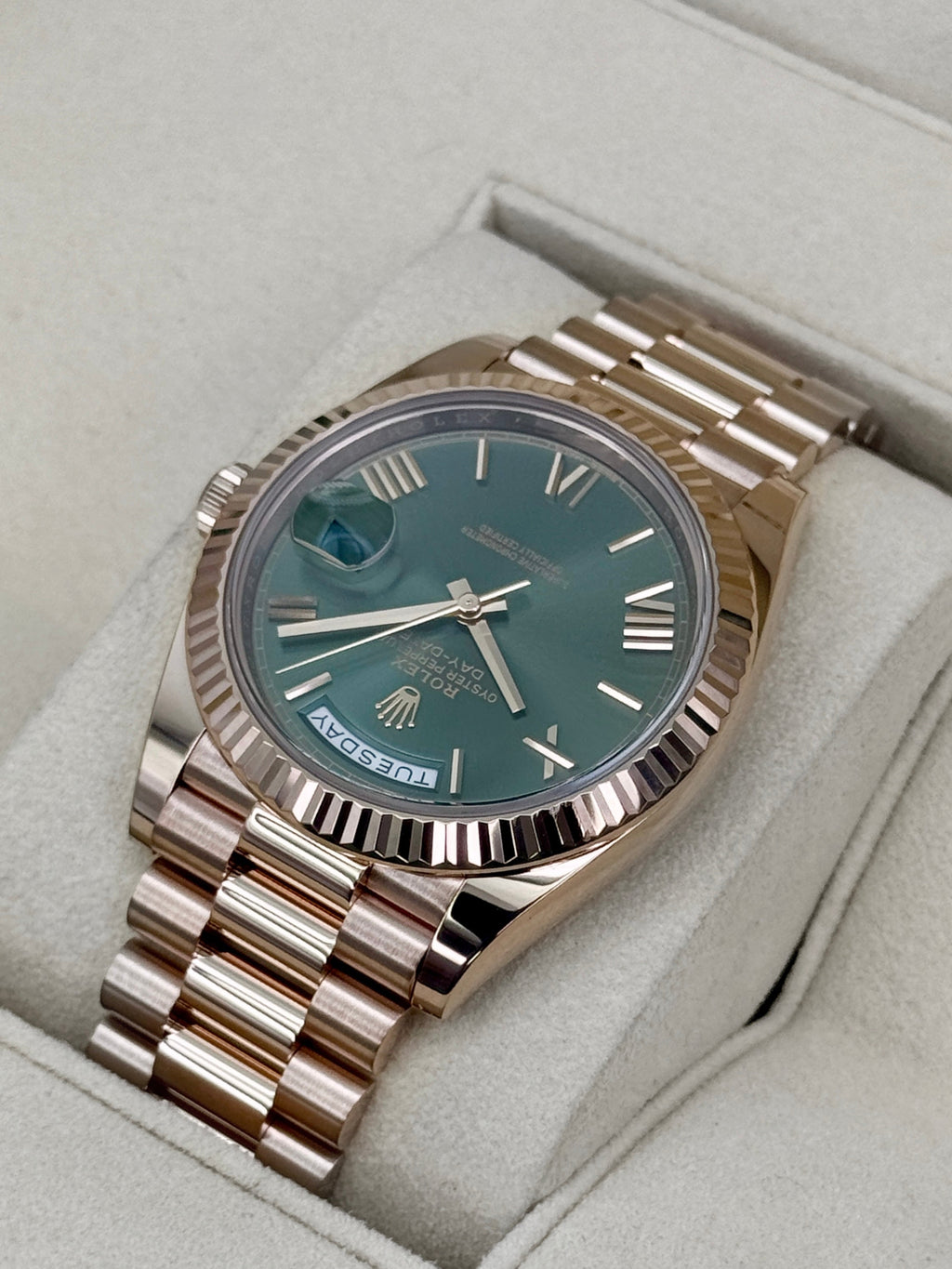2017 Rolex Day-Date 40mm 228235 Presidential Rose Gold Olive Green Dial