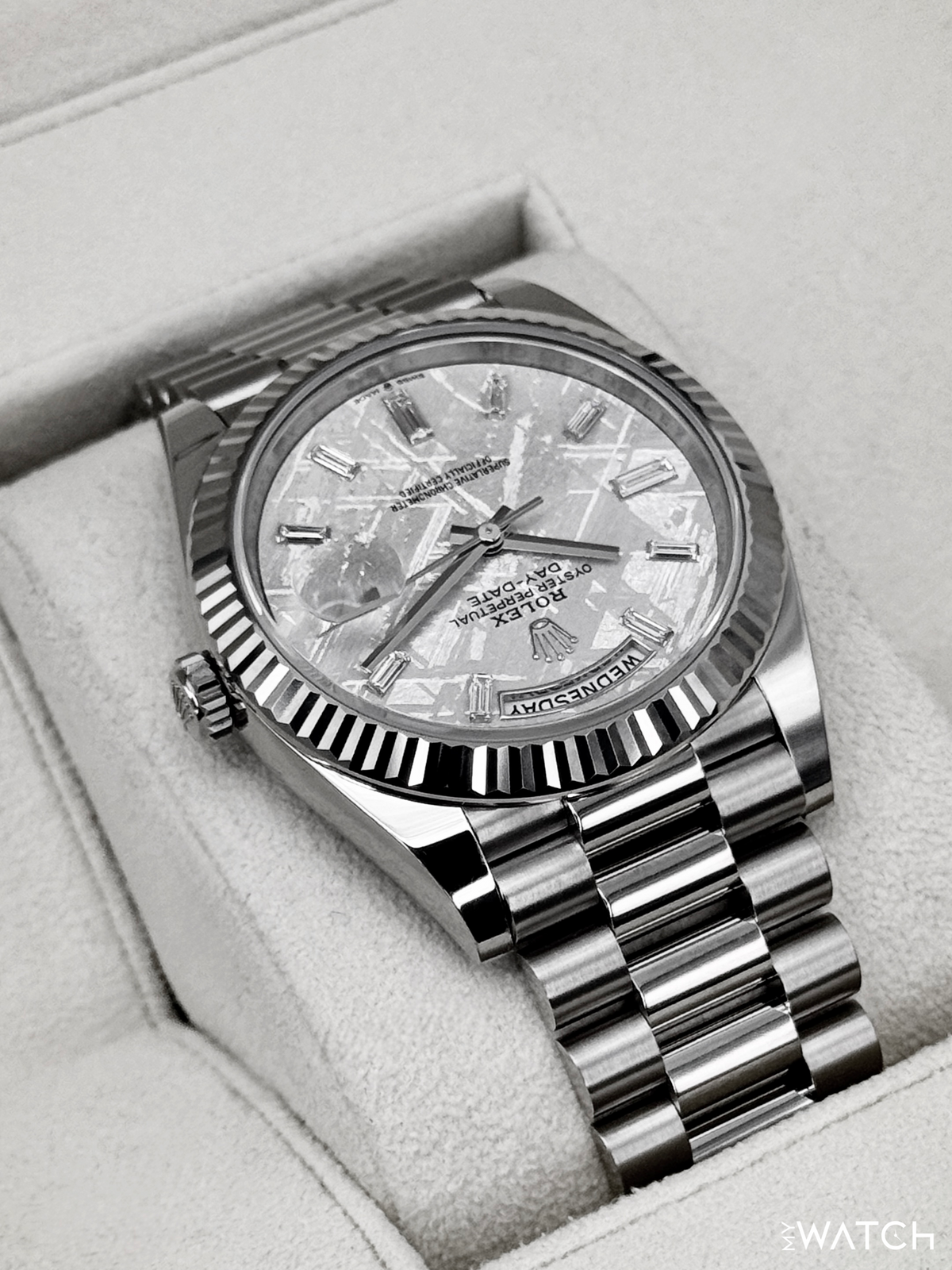 2025 Rolex Day-Date 40mm 228239 Presidential White Gold Meteorite Diamond Dial