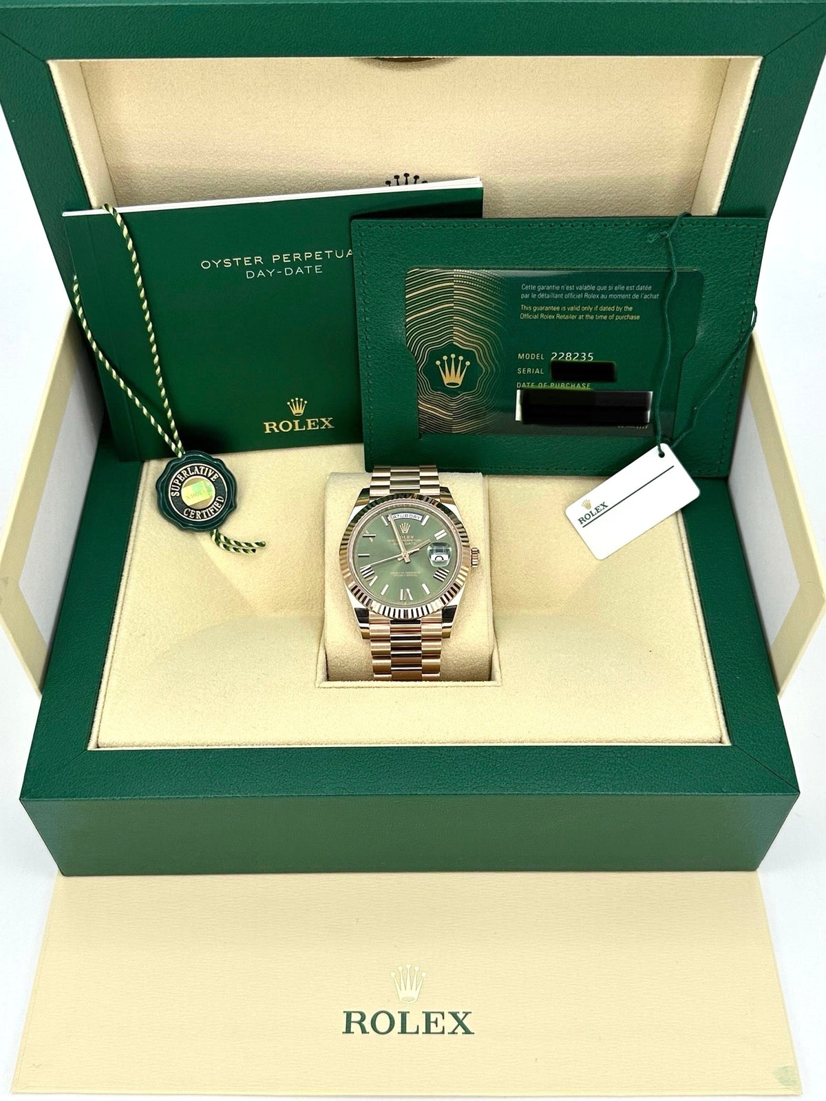 NEW 2024 Rolex Day-Date 40mm 228235 Presidential Rose Gold Olive Dial
