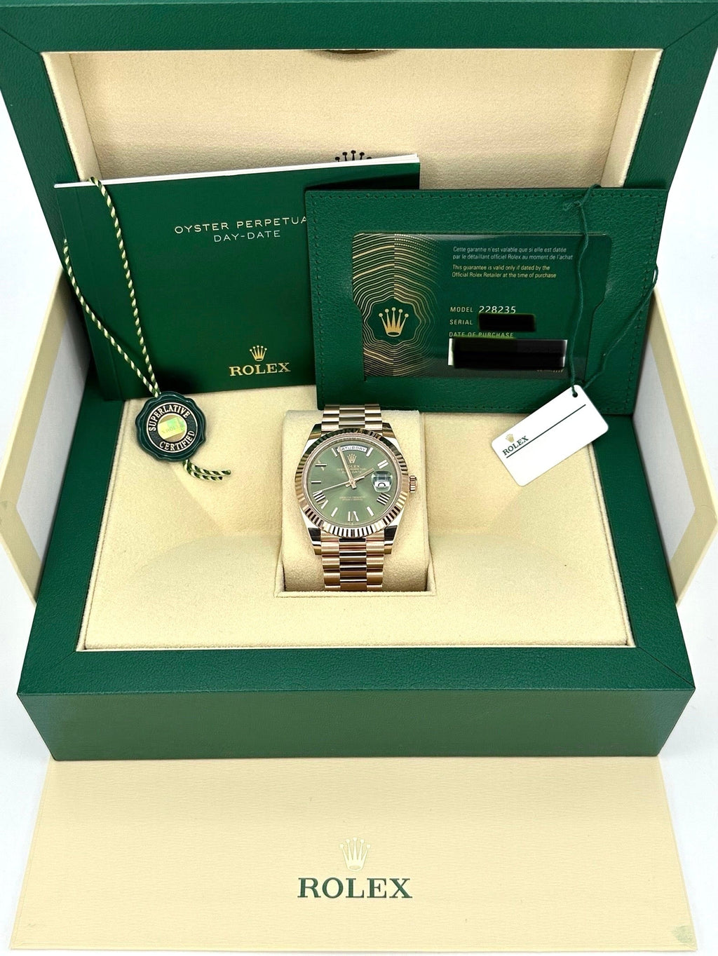 NEW 2024 Rolex Day-Date 40mm 228235 Presidential Rose Gold Olive Dial