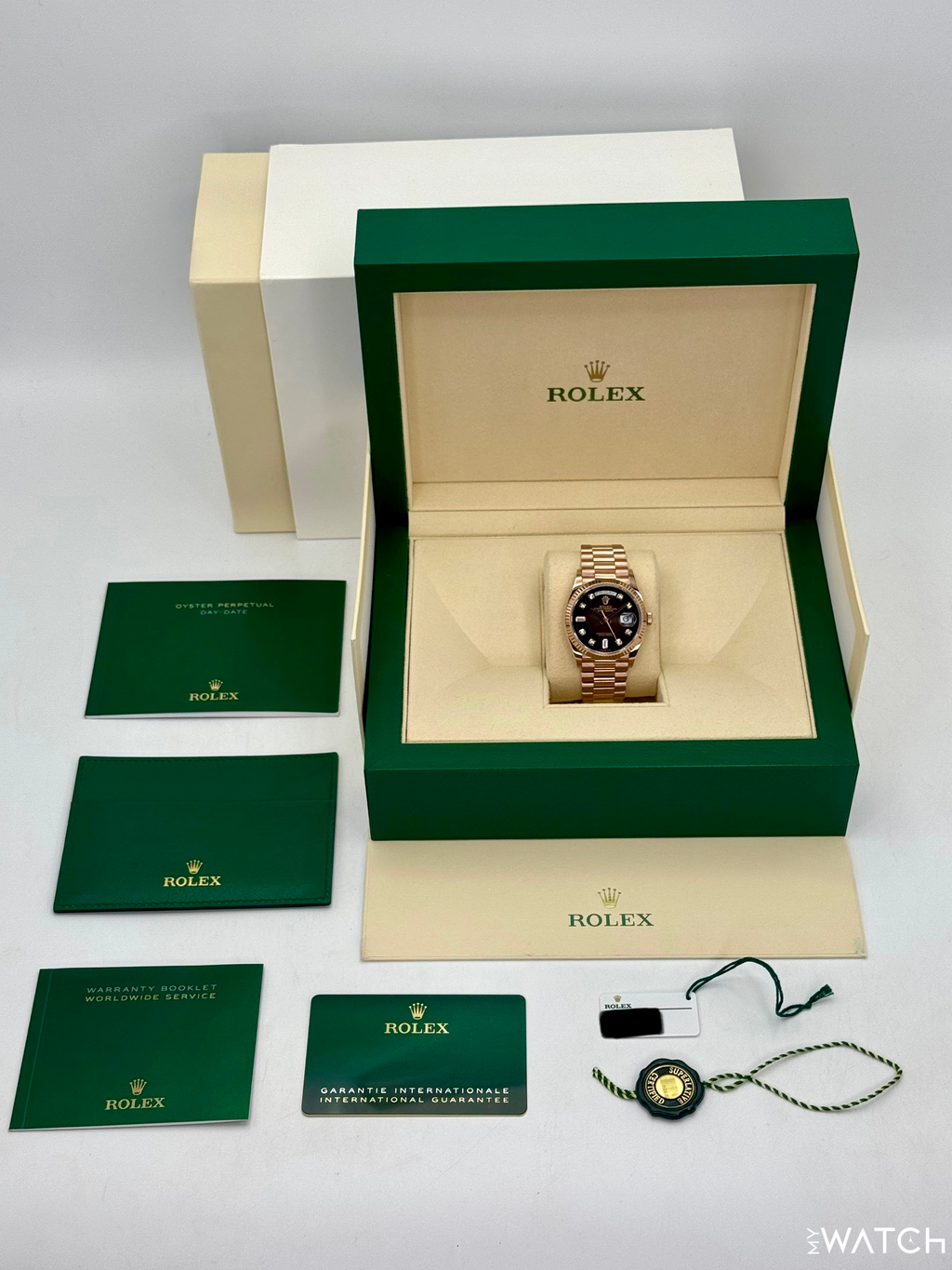 2022 Rolex Day-Date 36mm 128235 Rose Gold Chocolate Diamond Dial