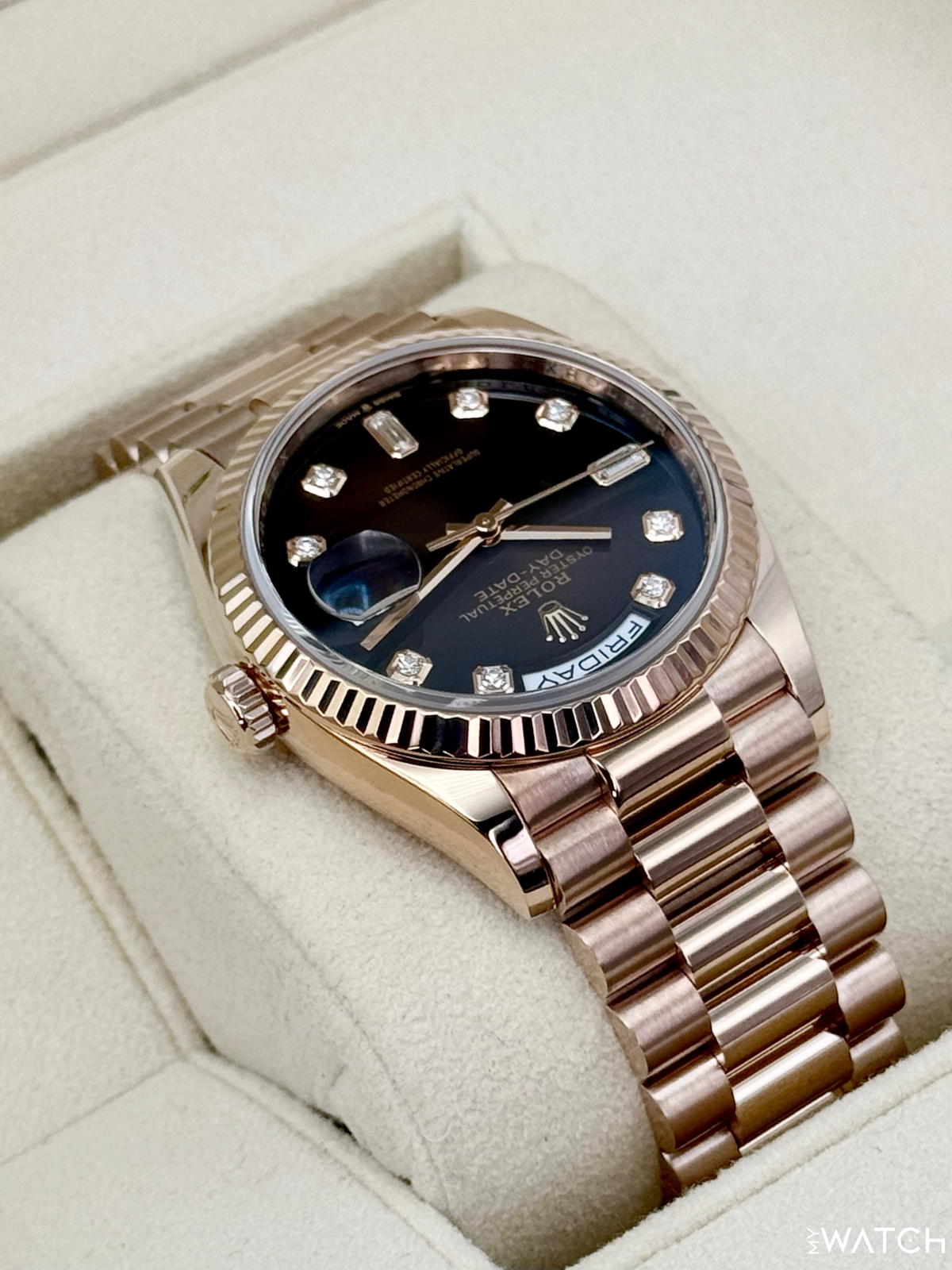 2022 Rolex Day-Date 36mm 128235 Rose Gold Chocolate Diamond Dial