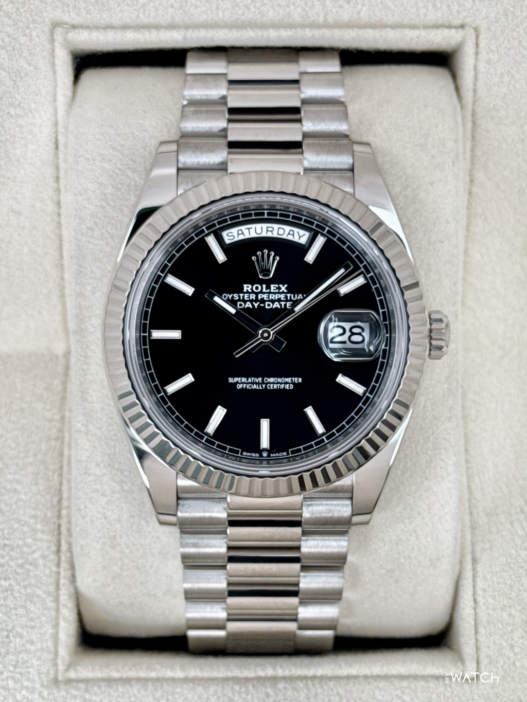 2025 Rolex Day-Date 40mm 228239 Presidential 18kt White Gold Black Dial