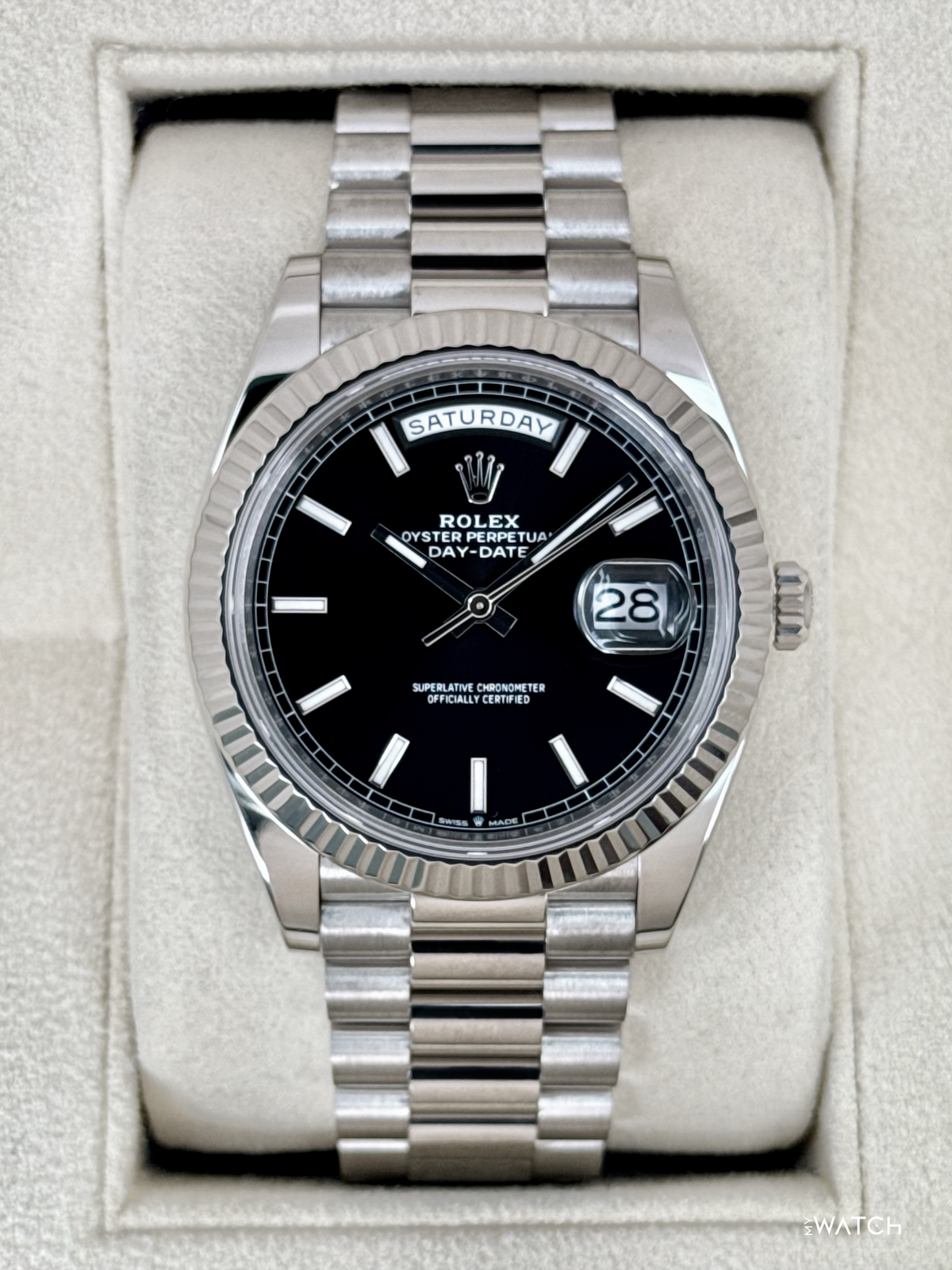 2025 Rolex Day-Date 40mm 228239 Presidential 18kt White Gold Black Dial