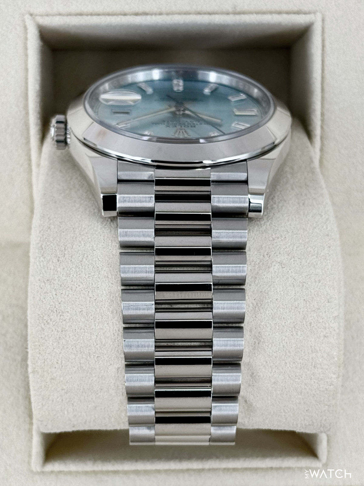 2021 Rolex Day-Date 40mm 228206 Platinum Ice Blue Diamond Dial