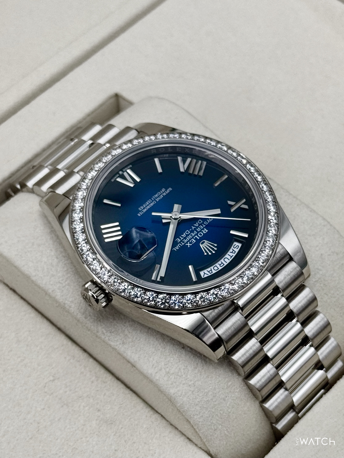2025 Rolex Day-Date 40mm 228349RBR Presidential White Gold Blue Ombre Dial