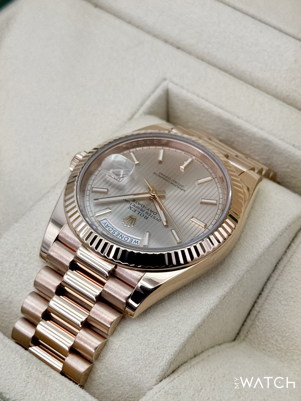 2018 Rolex Day-Date 40mm 228235 Presidential Rose Gold Sundust Stripe Motif Dial