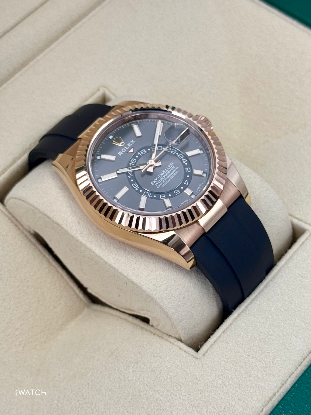 2022 Rolex Sky-Dweller 42mm 326235 Rose Gold Oysterflex Rhodium Dial