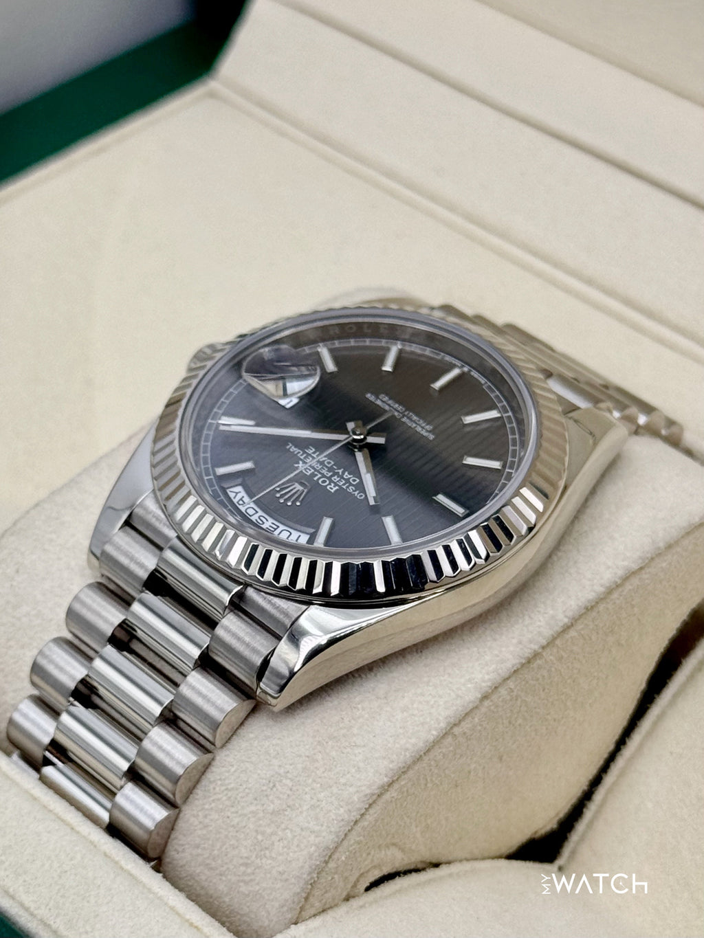 2020 Rolex Day-Date 40mm 228239 White Gold Rhodium Motif Dial