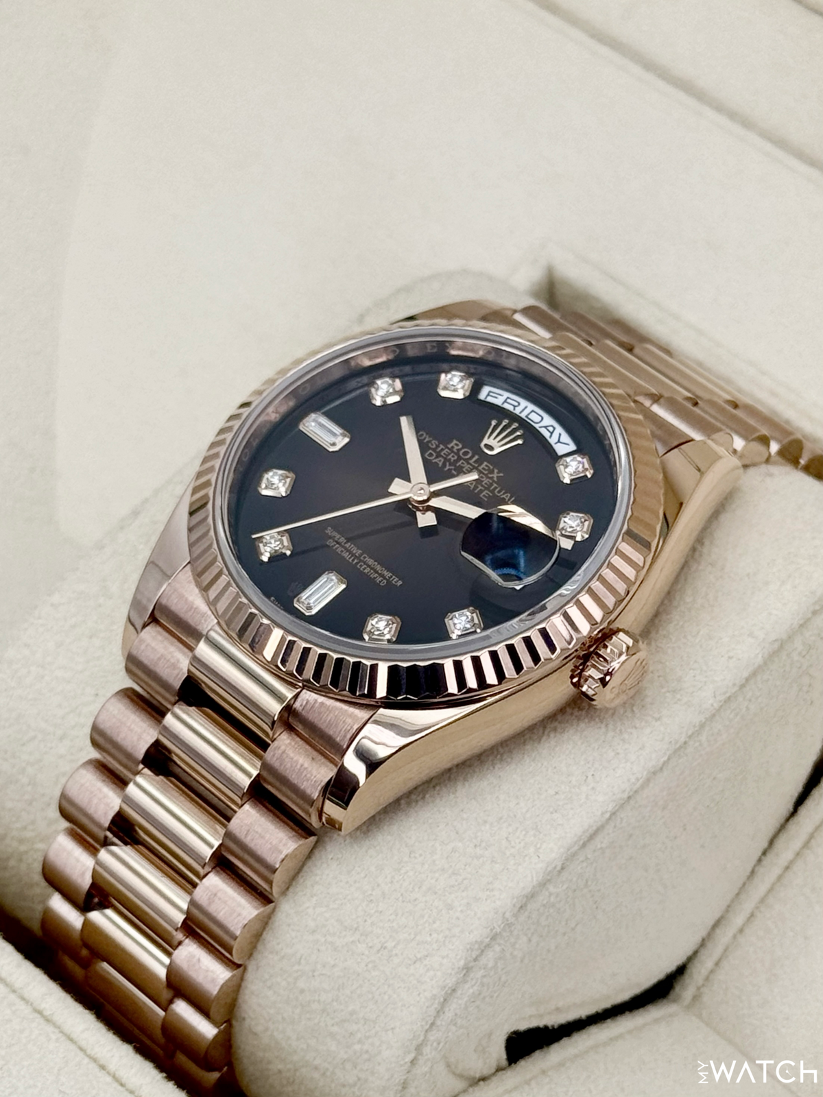 2022 Rolex Day-Date 36mm 128235 Rose Gold Chocolate Diamond Dial