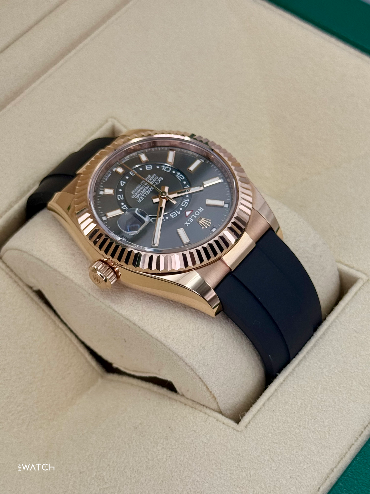 2022 Rolex Sky-Dweller 42mm 326235 Rose Gold Oysterflex Rhodium Dial
