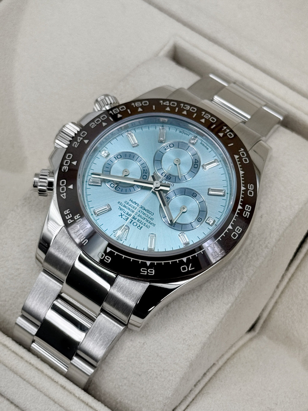 2020 Rolex Daytona 40mm 116506 Platinum Ice Blue Diamond Baguette Dial