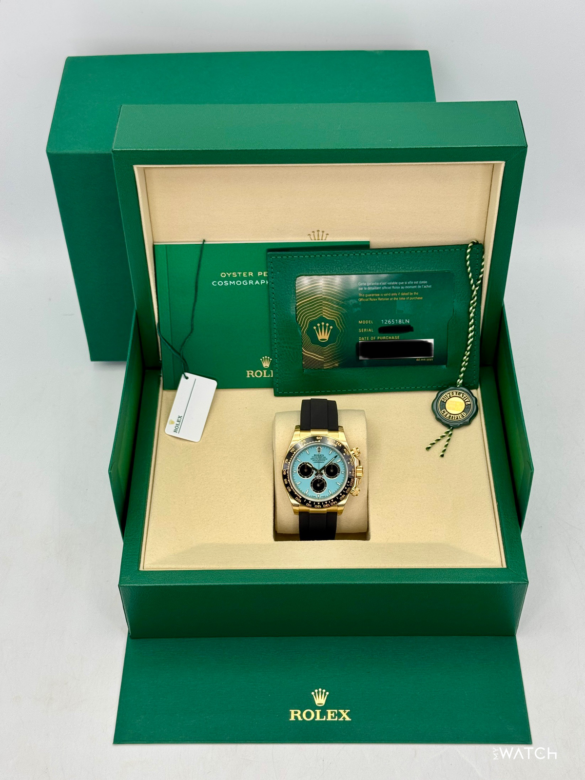 NEW 2026 Rolex Daytona 40mm 126518LN Yellow Gold Oysterflex Turquoise Dial (STICKERED)
