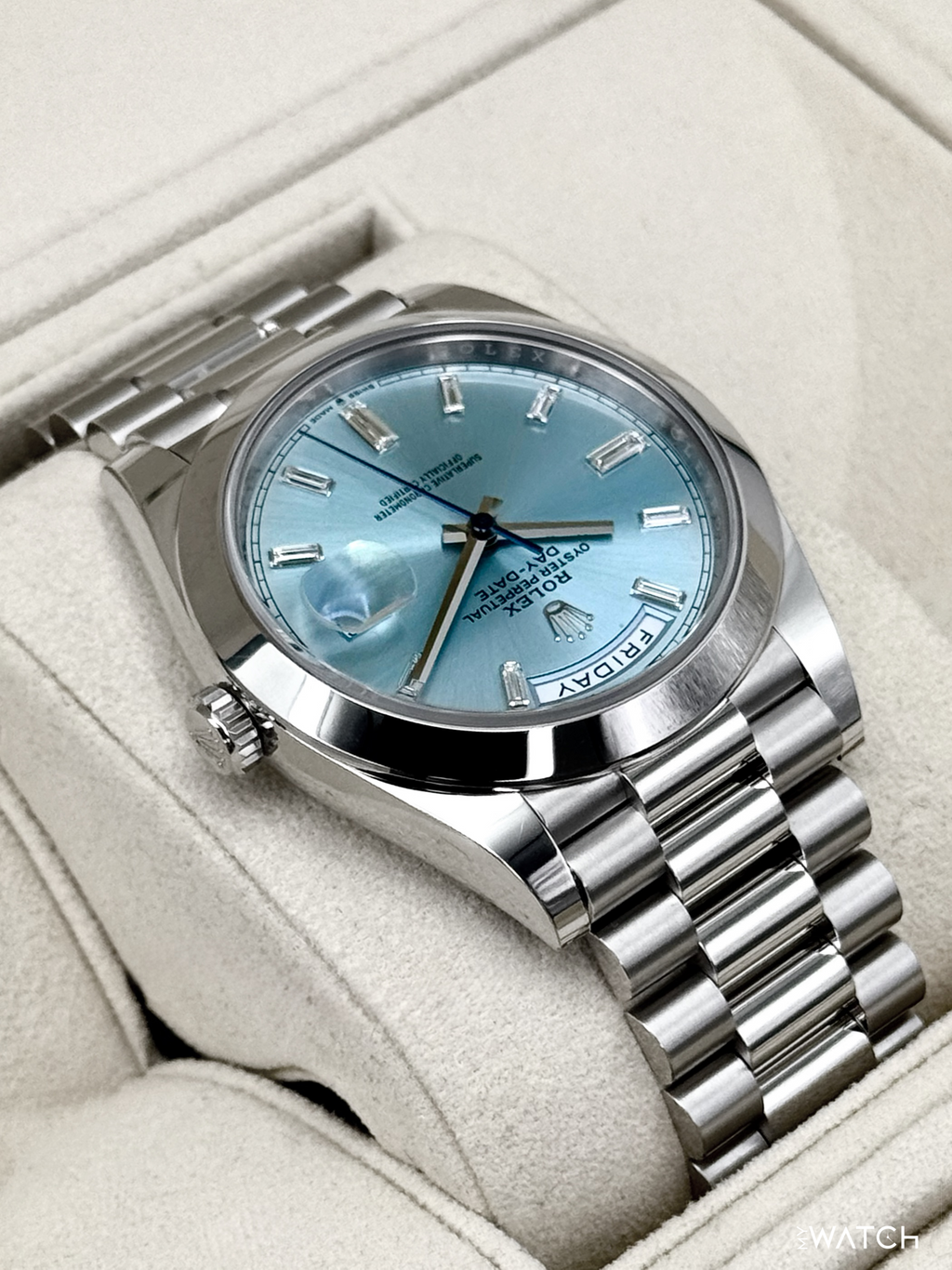 2021 Rolex Day-Date 40mm 228206 Platinum Ice Blue Diamond Dial