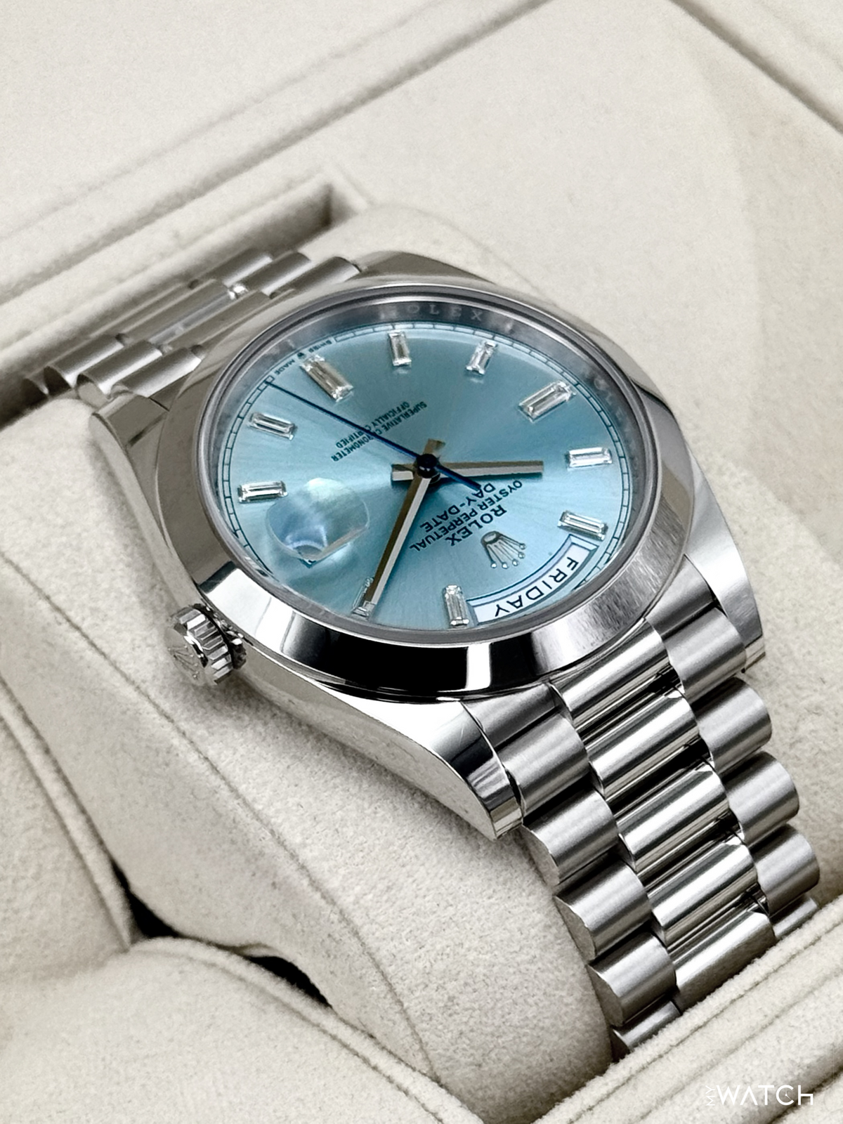 2021 Rolex Day-Date 40mm 228206 Platinum Ice Blue Diamond Dial