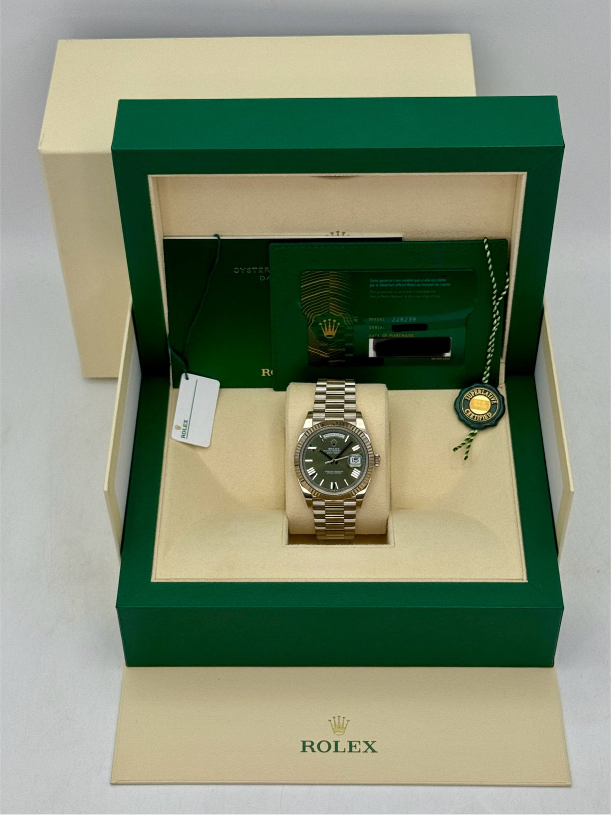 2025 Rolex Day-Date 40mm 228239 White Gold Olive Dial