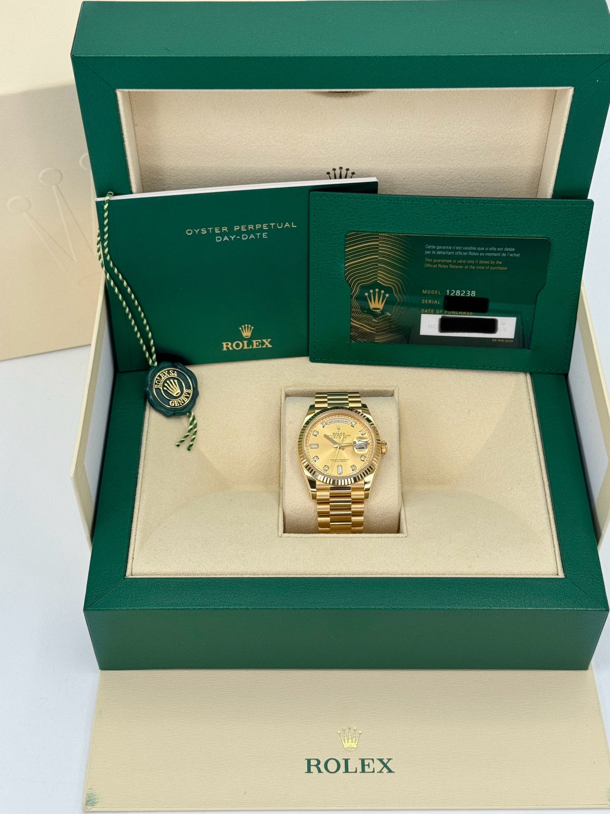 NEW 2025 Rolex Day-Date 36mm 128238 Champagne Diamond Dial
