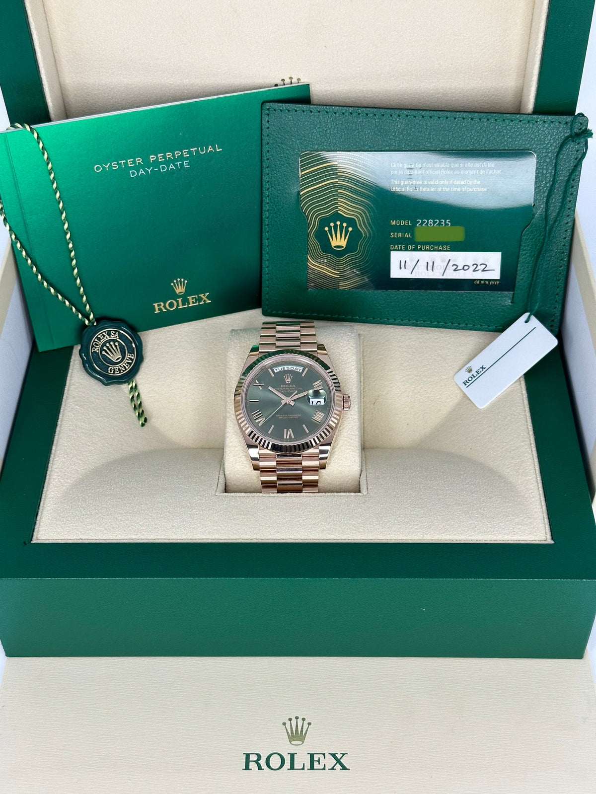 2022 Rolex Day-Date 40mm 228235 Presidential Rose Gold Olive Dial