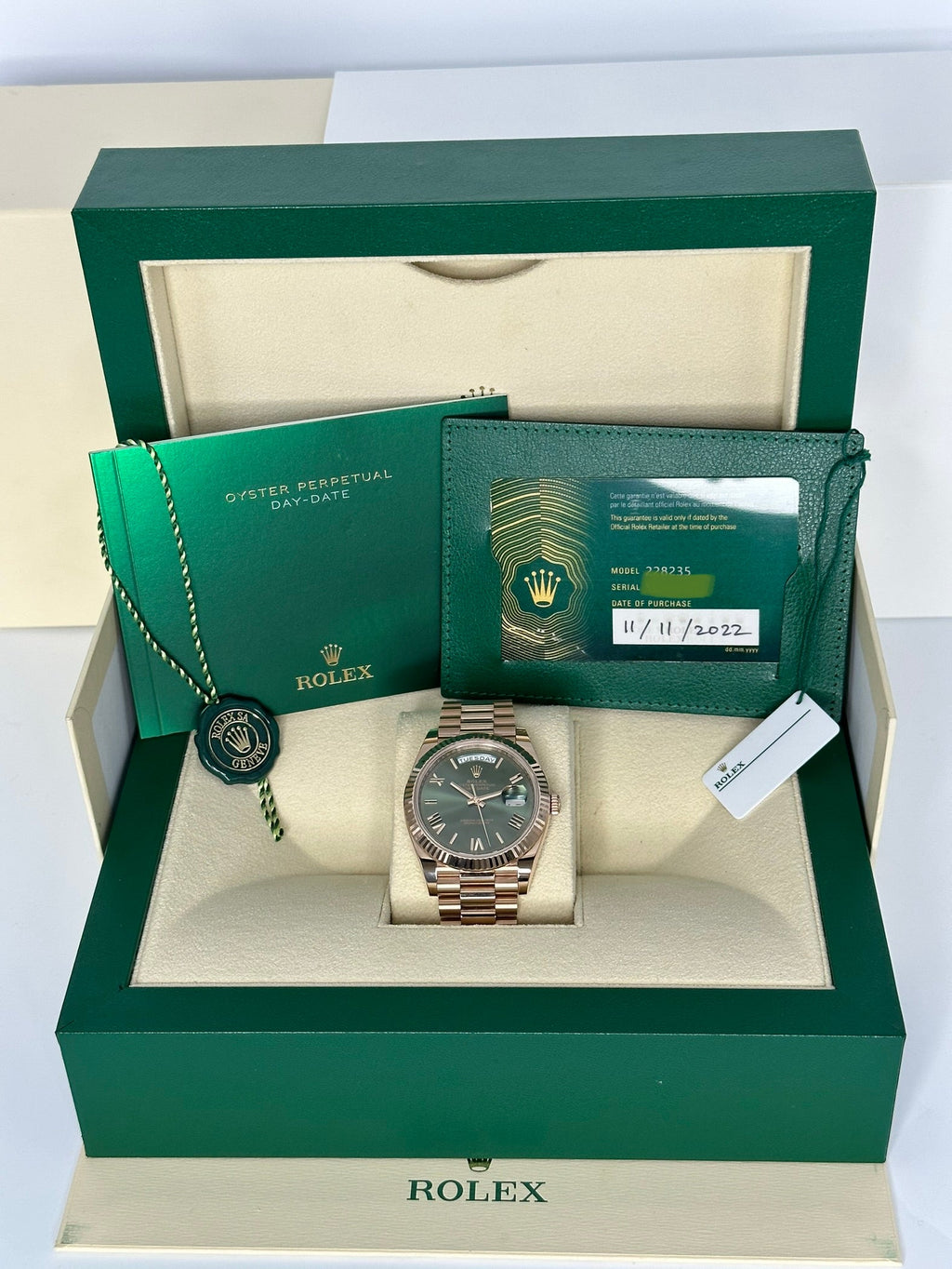 2022 Rolex Day-Date 40mm 228235 Presidential Rose Gold Olive Dial