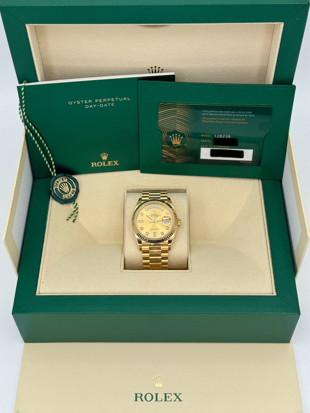 NEW 2025 Rolex Day-Date 36mm 128238 Champagne Diamond Dial