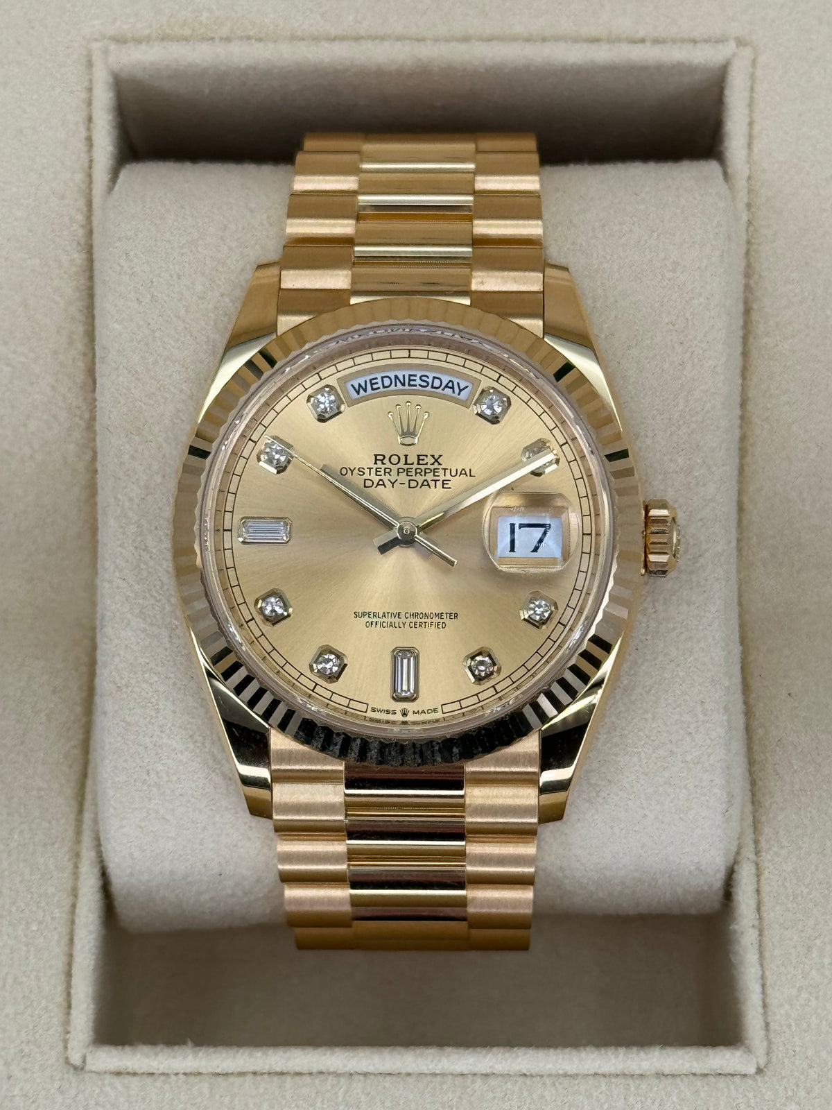 NEW 2025 Rolex Day-Date 36mm 128238 Champagne Diamond Dial