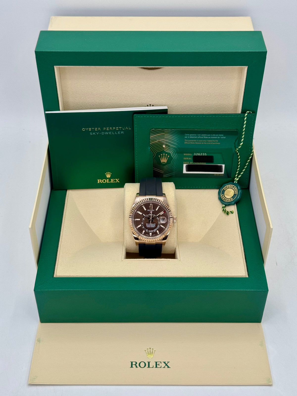 2022 Rolex Sky-Dweller 42mm 326235 Rose Gold Oysterflex Chocolate Dial