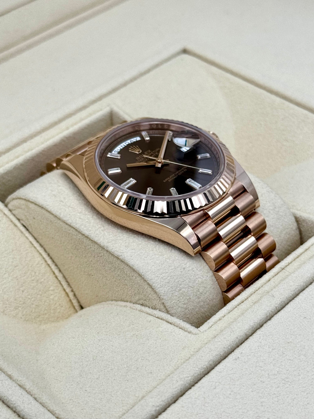NEW 2025 Rolex Day-Date 40mm 228235 Rose Gold Chocolate Baguette Dial