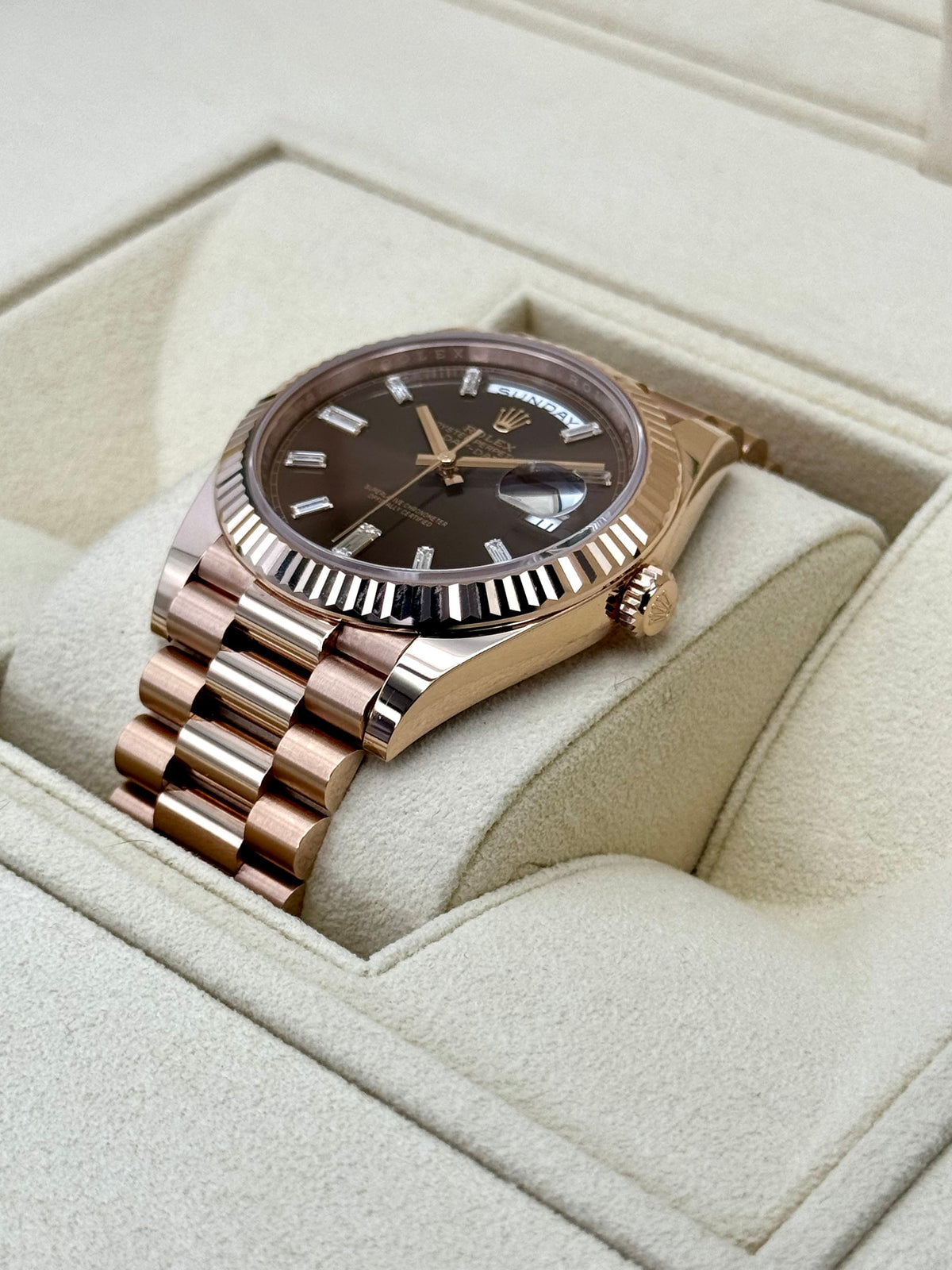 NEW 2025 Rolex Day-Date 40mm 228235 Rose Gold Chocolate Baguette Dial
