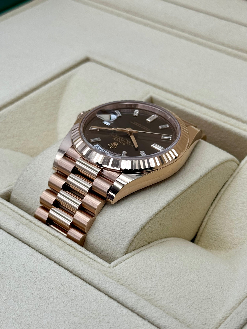 NEW 2025 Rolex Day-Date 40mm 228235 Rose Gold Chocolate Baguette Dial