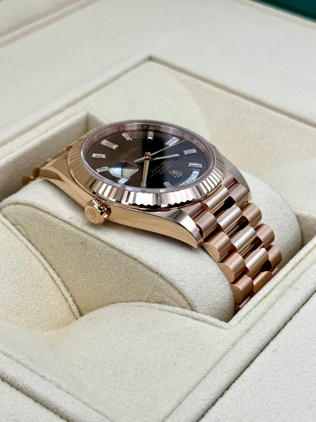 NEW 2025 Rolex Day-Date 40mm 228235 Rose Gold Chocolate Baguette Dial